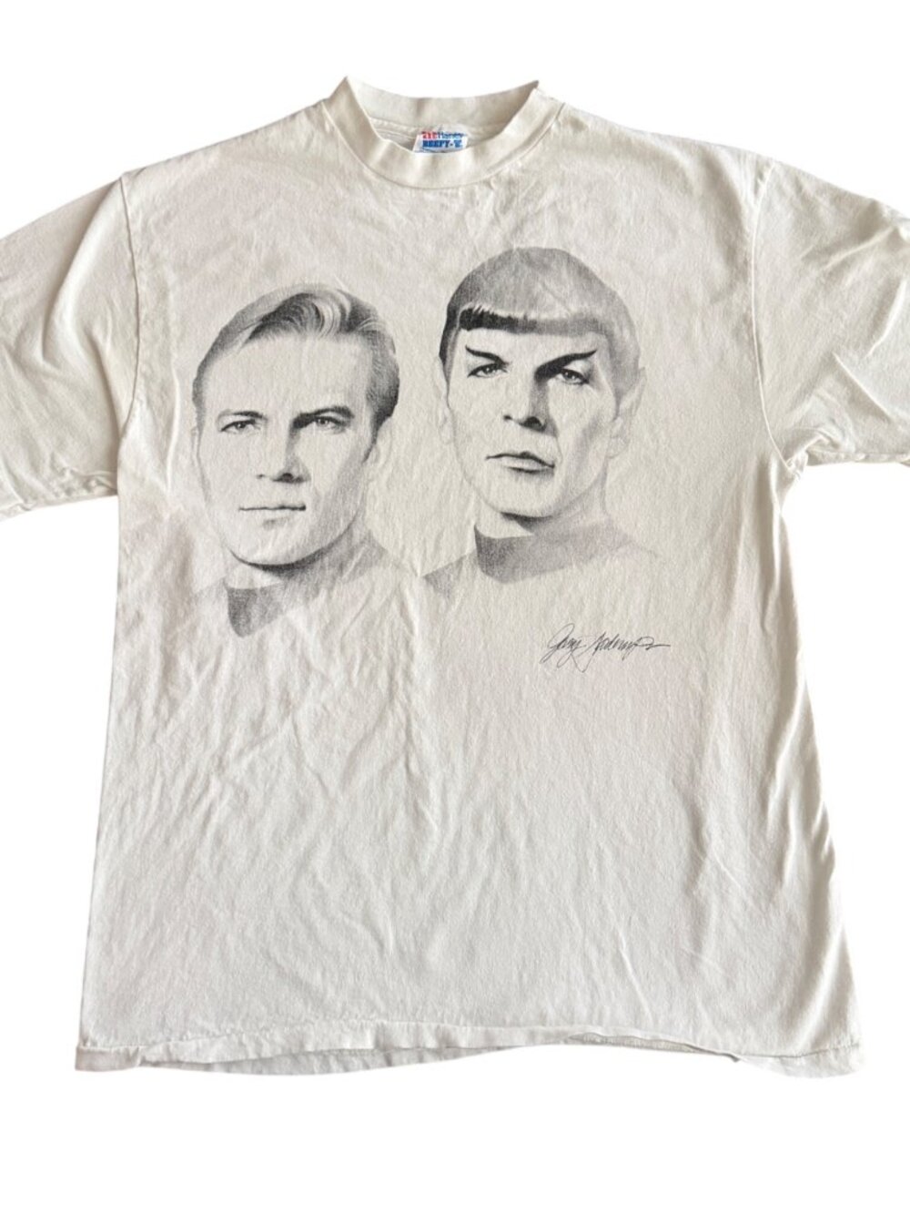 Star Trek Vintage Hanes Beefy-T Shirt Featuring Kirk & Spock Graphic Large White
